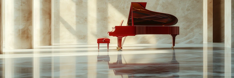 红色大钢琴光滑大理石地面