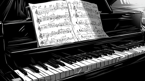 钢琴乐谱与音乐台特写