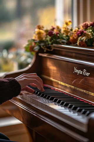 纤手弹奏长江钢琴花卉窗景