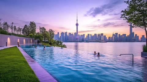 室外泳池中人们嬉戏背景是城市景观