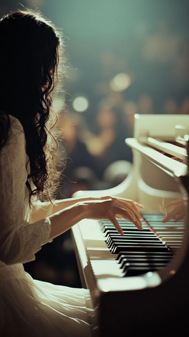 女音乐家舞台弹奏白色钢琴