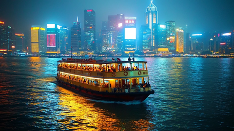 灯火辉煌的城市夜景中的游船