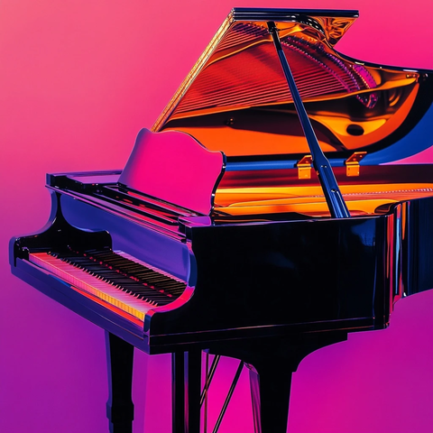 黑色钢琴反射橙紫光