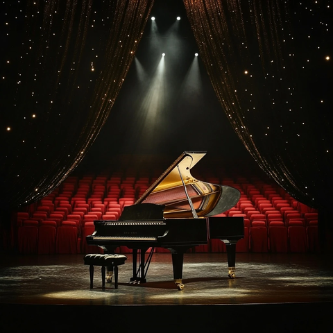 黑色舞台金色钢琴红色座椅