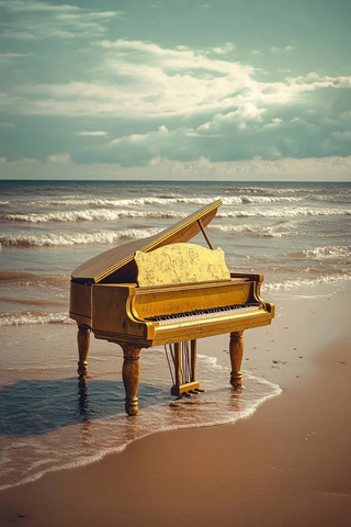 金色钢琴沙滩场景