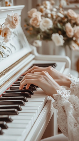 钢琴键上的双手与花瓶