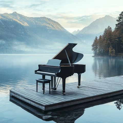 黑色钢琴湖边日出