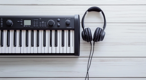 黑白数码钢琴键盘与耳机麦克风