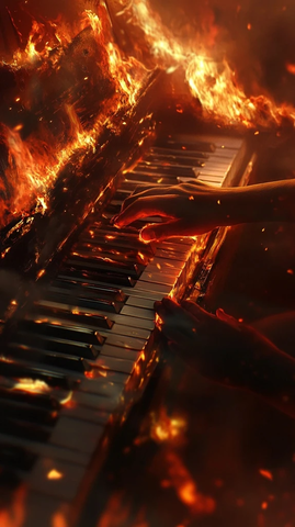 燃烧钢琴与儿童手部特写