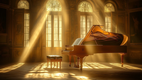 钢琴上的乐谱与光影