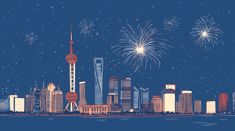 上海夜景烟花绽放的城市天际线