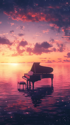 钢琴漂浮水上晚景