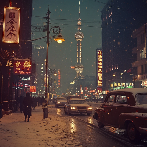 雪夜中的东方明珠及街道车辆行人景象