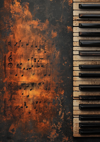 钢琴键与锈迹乐谱