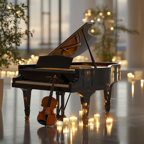 黑色钢琴与棕色小提琴烛光