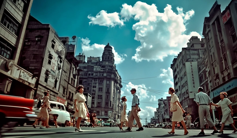 城市街道上的行人与老式建筑