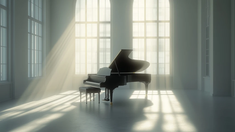 黑色钢琴静立白色房间