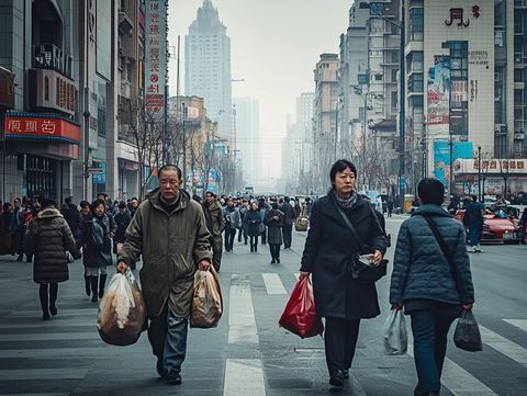 城市街道中提着袋子行走的人群