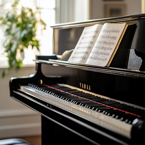 黑色雅马哈立式钢琴与乐谱