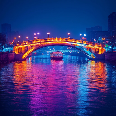 夜色中灯火辉煌的水上桥梁夜景