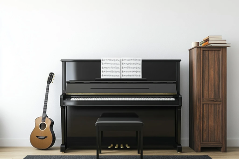 钢琴室白色墙面黑色钢琴