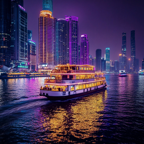 都市夜景下的游船灯光璀璨