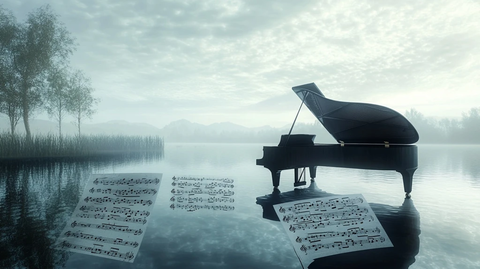 钢琴漂浮湖面乐谱成浪