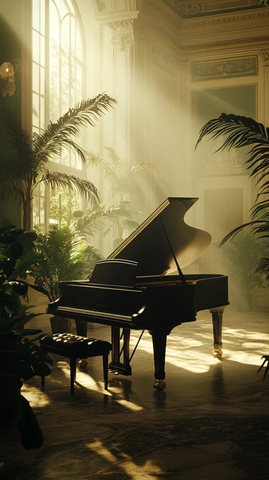 黑色钢琴与绿墙辉映
