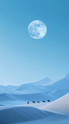 沙丘骆驼月亮远景