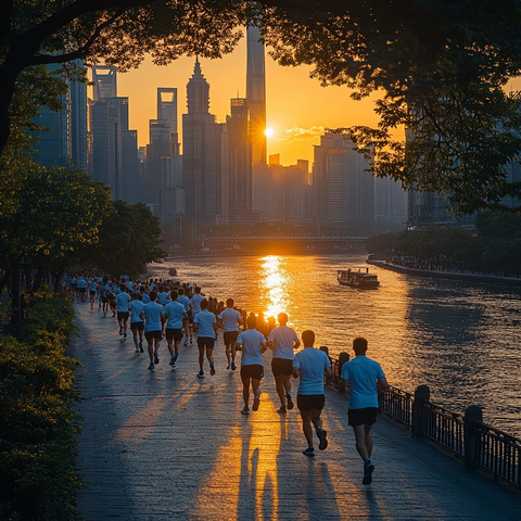 城市河畔众多跑步者的晨练场景