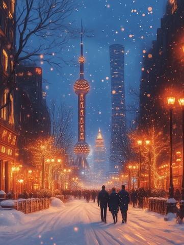 雪中东方明珠下行人漫步的城市夜景