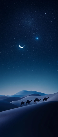 夜幕沙丘骆驼月牙远景