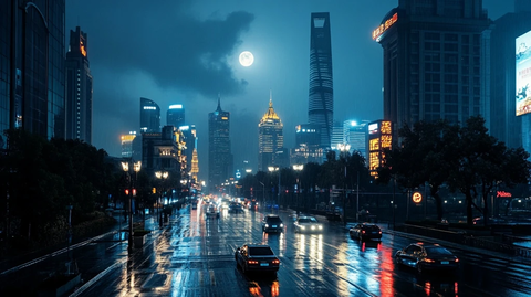 雨夜城市街道月光下的车水马龙