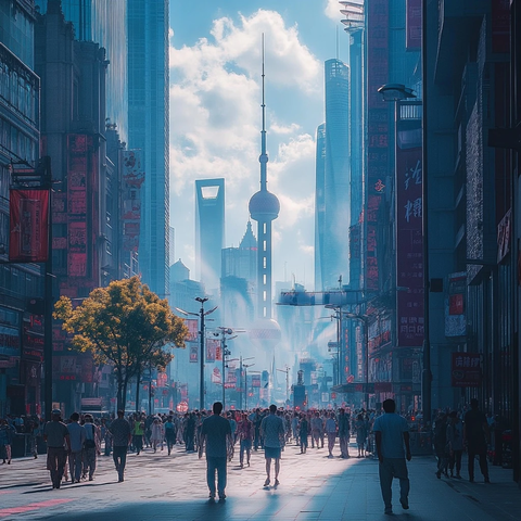 东方明珠下人头攒动的繁华都市街道