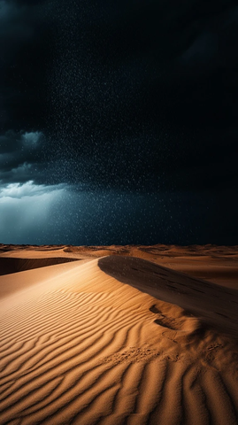 暴雨倾泻沙丘昏暗天际