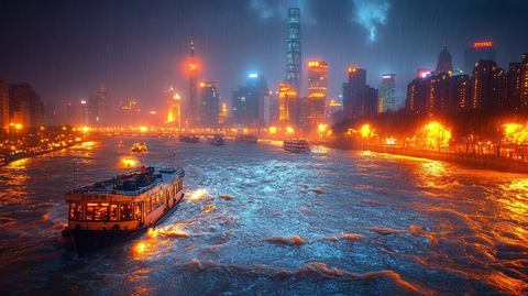 雨夜中灯火辉煌的城市河流夜景