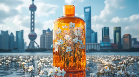 橙色瓶中花与城市天际线相映成趣