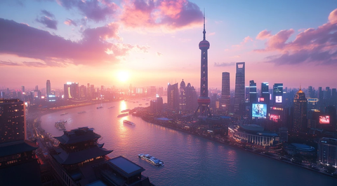 上海外滩城市风光夕阳下的全景