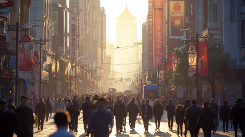 繁忙的城市商业街人群涌动的景象