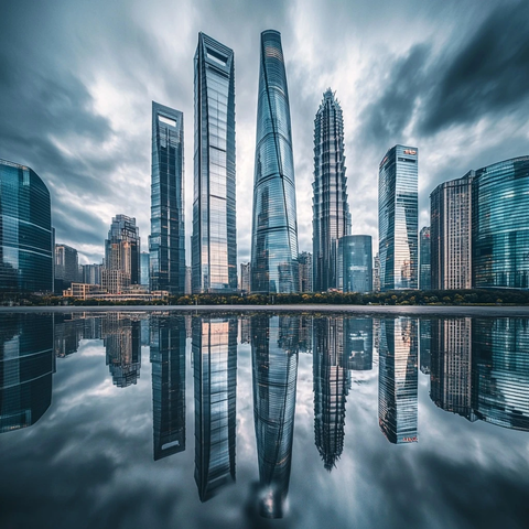 城市现代建筑群倒映在水面的壮观景象