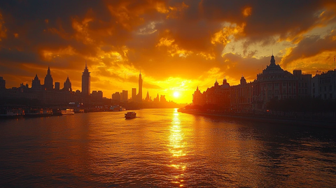 城市河流日落时分的壮观景象