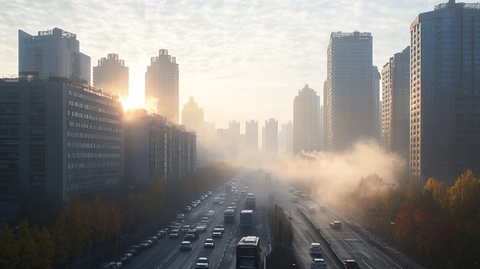 雾霭中的城市街道高楼林立车水马龙