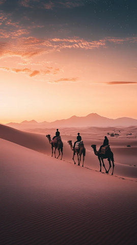 沙漠傍晚三头骆驼