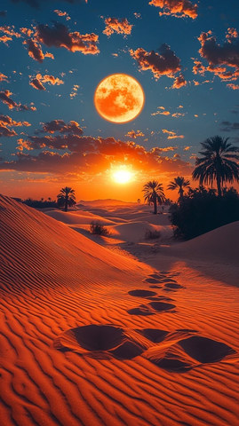 沙丘风动远望孤日与绿洲