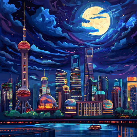 满月夜景下的城市现代化高楼建筑群