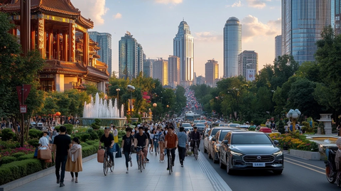 繁华都市街道上的行人和车辆景象