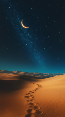 夜空下的沙漠小径与月影