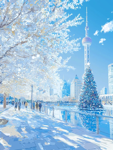 东方明珠旁的圣诞树下人们悠闲散步