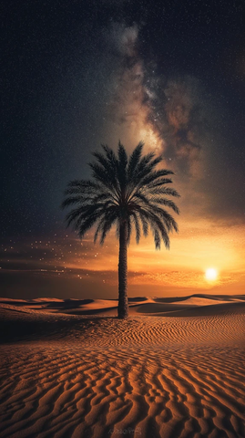 沙漠夜晚沙地棕榈树