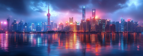 上海夜景全景璀璨灯光倒映在江面